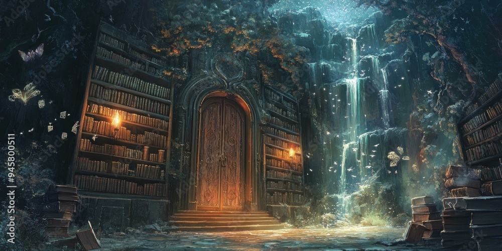 Fototapeta premium Enchanted forest library with waterfall and glowing butterflies.