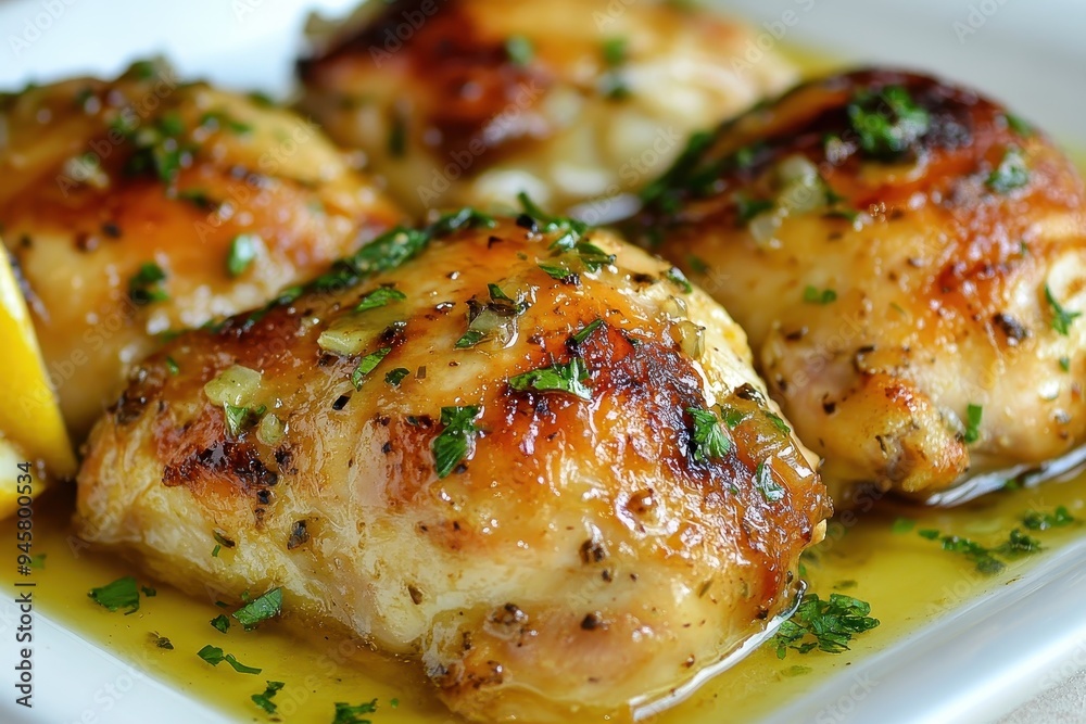Grilled chicken thighs garnished with herbs and lemon on a plate.