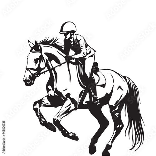 Black and White Vector Design of Horse Racing Riders in Motion Capturing the Thrill and Energy of Equestrian Sports