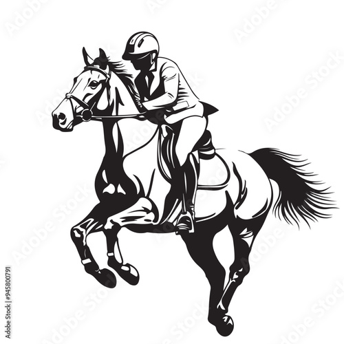 Black and White Vector Art Capturing the Intensity and Elegance of Horse Racing Events on white background