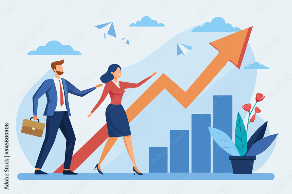 Leadership development, team success or motivation to lead team to reach goal, improvement or progress, growing together concept, businessman and woman team holding hand walk up rising growth arrow
Leadership development, team success or motivation to lead team to reach goal, improvement or progress, growing together concept, businessman and woman team holding hand walk up rising growth arrow