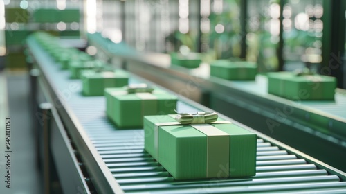 Elegant green gift boxes with neatly tied ribbons move along a conveyor belt, showcasing a streamlined packaging process in a modern, well-lit factory. photo