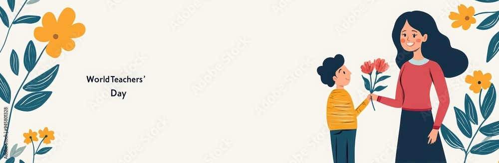 World Teachers' Day banner with a teacher and student on a pastel background World Teachers' Day banner with a teacher and student on a pastel background