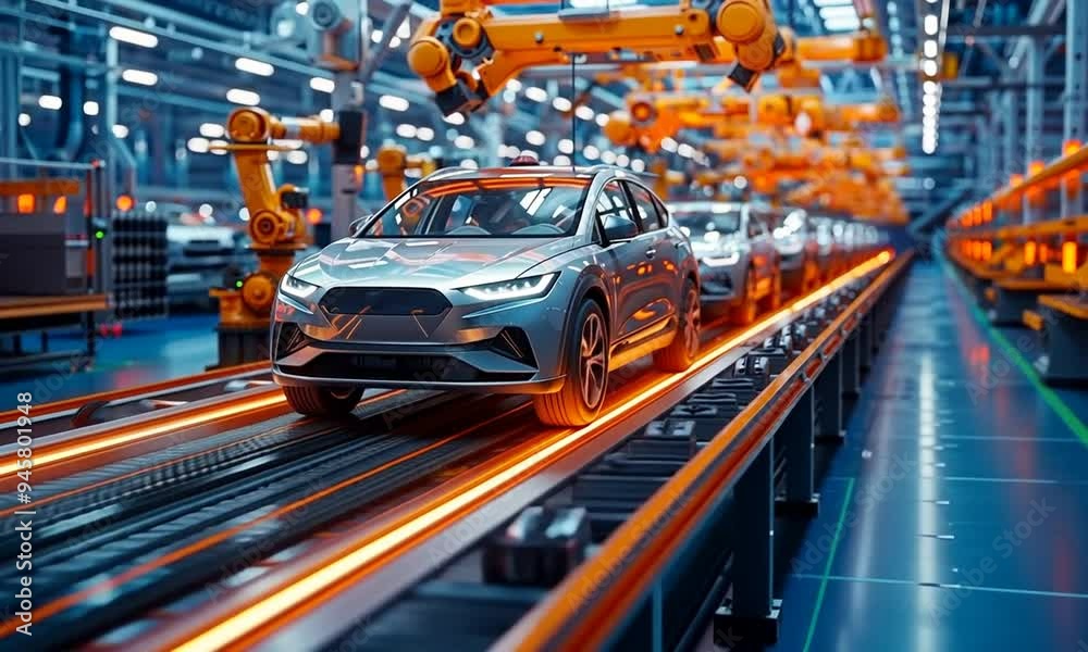 Explore an advanced automotive manufacturing facility where sleek vehicles glide along a vibrant assembly line, showcasing cutting-edge robotics at work Explore an advanced automotive manufacturing facility where sleek vehicles glide along a vibrant assembly line, showcasing cutting-edge robotics at work