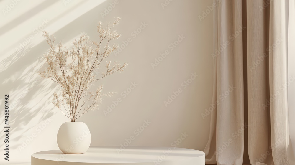 Minimal abstract beige background with a round podium and wave satin curtain, designed for natural cosmetics presentation. 3D rendering