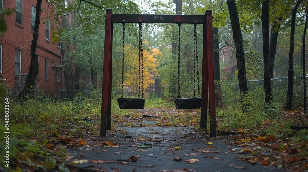 Lonely Swing Set in an Overgrown Courtyard Lonely Swing Set in an Overgrown Courtyard