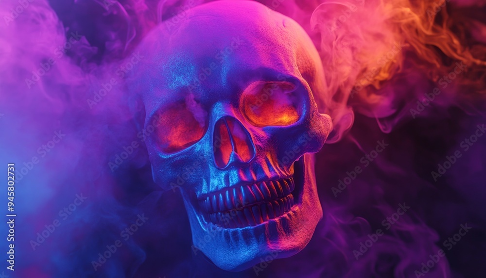 Vibrant Neon Skull in Dark Smoky Background with Pink and Blue Lights Vibrant Neon Skull in Dark Smoky Background with Pink and Blue Lights
