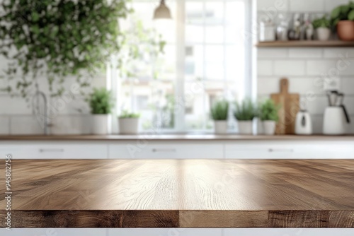 kitchen table background, wood counter top on blur of white clean abstract home interior with bokeh. used for display or montage your wooden for dining background. table banner , ai