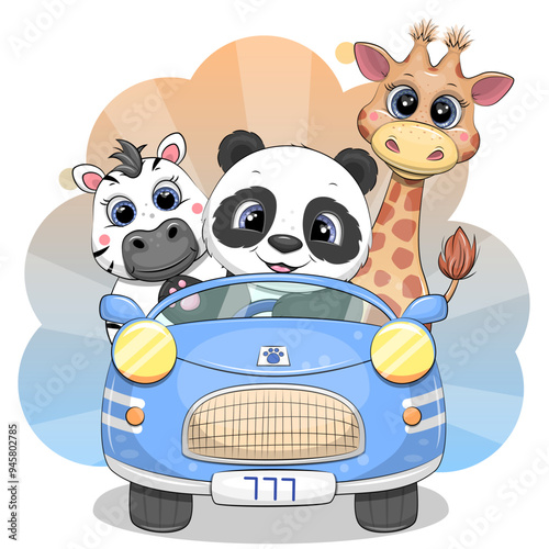 Cute cartoon blue car with panda, giraffe and zebra. Vector illustration with animals.