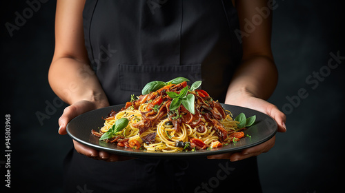 Woman Holding Plate of Spicy Spaghetti Bacon