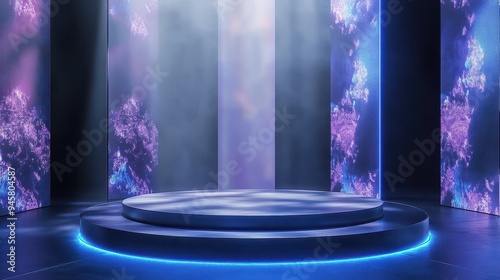 Abstract 3D Render of a Circular Platform in a Room with Blue and Purple Neon Lighting