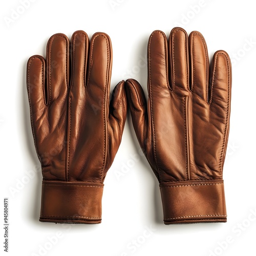 Pair of Brown Leather Gloves on White Background