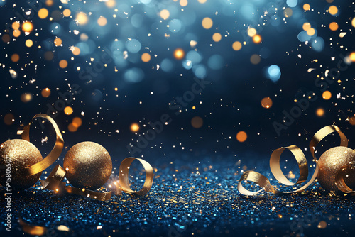 A blue background with red and gold Christmas ornaments. Christmas greeting