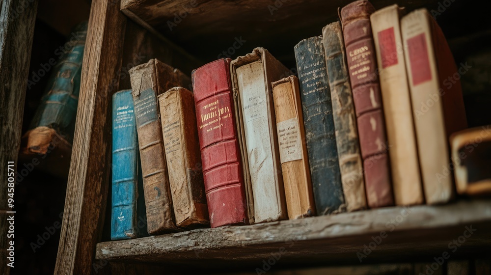 Naklejka premium A bookshelf filled with antique books, aged and weathered, -