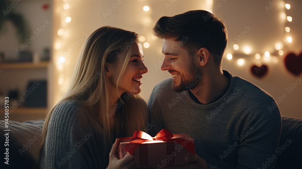 Young couple in love giving each other Christmas gift at home. Young couple in love giving each other Christmas gift at home.