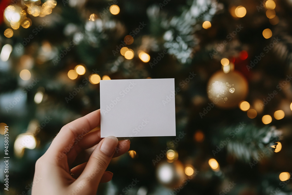 A Christmas background with a decorated tree and a hand holding a blank card. A Christmas background with a decorated tree and a hand holding a blank card.