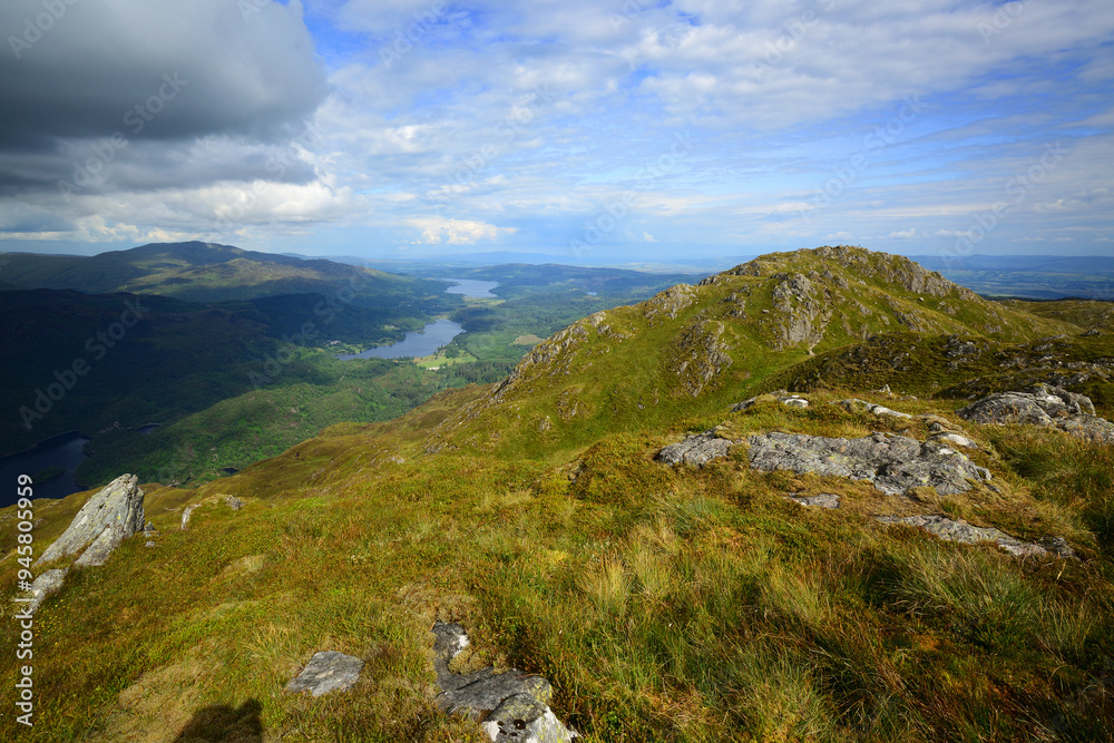 Obraz premium View east from the summit of Ben Venue, in The Trossachs are of Scotland (Loch Katrine, Loch Achray and Lock Venachar are visible)