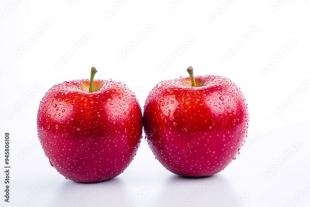 Fresh Dew-Kissed Red Apples on White Background Fresh Dew-Kissed Red Apples on White Background