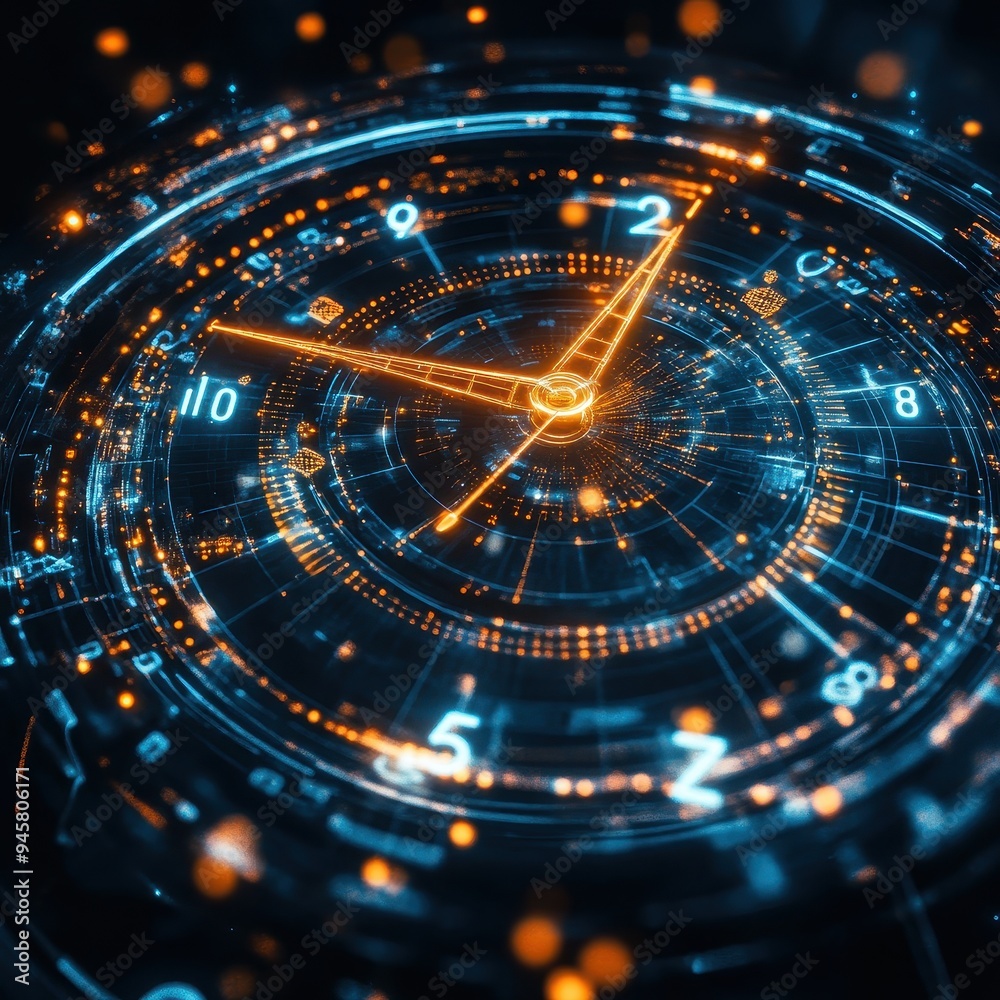Futuristic Clock with Blue and Orange Glow - Abstract Time and Technology Concept. Futuristic Clock with Blue and Orange Glow - Abstract Time and Technology Concept.