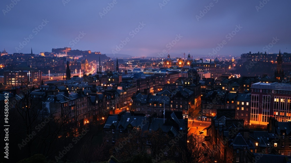 Fototapeta premium A panoramic view of Edinburgh's cityscape at twilight, with the city's iconic landmarks illuminated against a vibrant, twilight sky. The photograph captures a sense of tranquility, history, and urban 