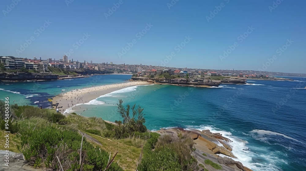 A panoramic view of Tamarama Beach from the Bondi to Coogee coastal walk, showcasing the pristine turquoise waters, white sand, and the iconic Sydney skyline in the distance. This image captures the b A panoramic view of Tamarama Beach from the Bondi to Coogee coastal walk, showcasing the pristine turquoise waters, white sand, and the iconic Sydney skyline in the distance. This image captures the b