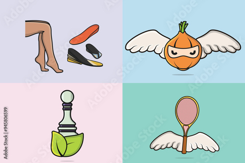 Collection of Pawn Chess with three-layered shoe arch support insole and Onion Ninja with Flying Tennis Racket vector illustration.