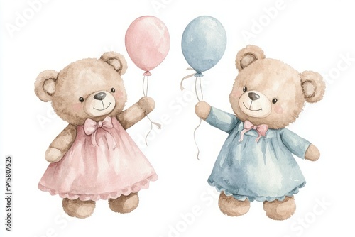 Blue and pink boy and girl bear teddy holding balloons on white background with watercolor technique