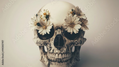 Human Skull Adorned with White Daisies photo