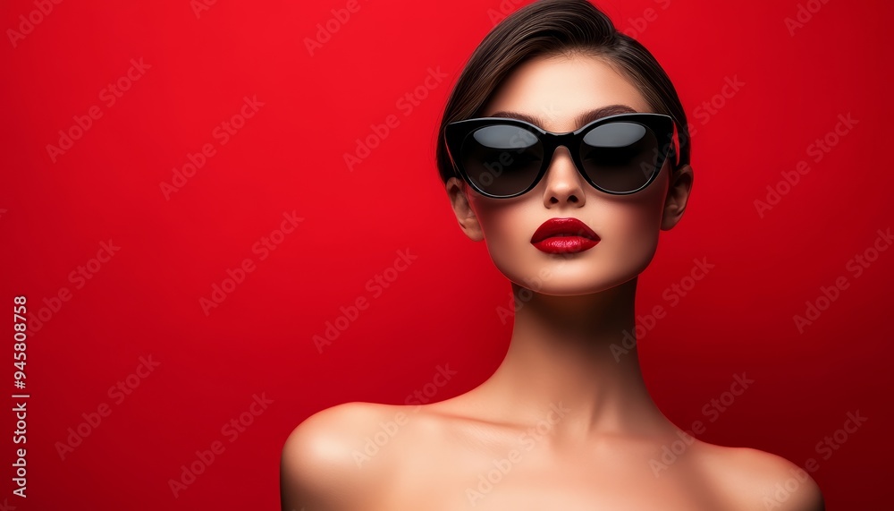Woman Posing with Stylish Sunglasses Red Background in Fashionable Portrait Woman Posing with Stylish Sunglasses Red Background in Fashionable Portrait