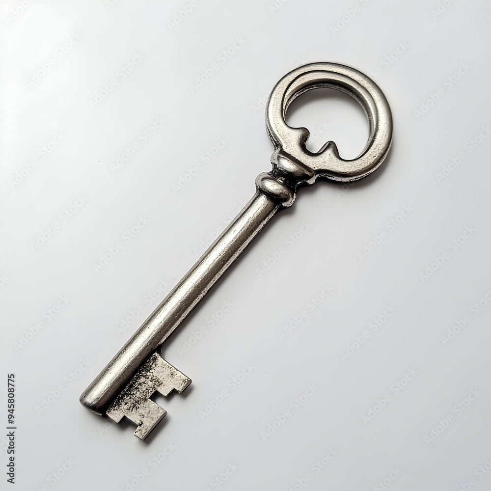 Sleek Single Silver Key on Plain White Background Sleek Single Silver Key on Plain White Background