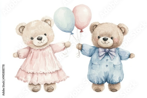 Blue and pink boy and girl bear teddy holding balloons on white background with watercolor technique