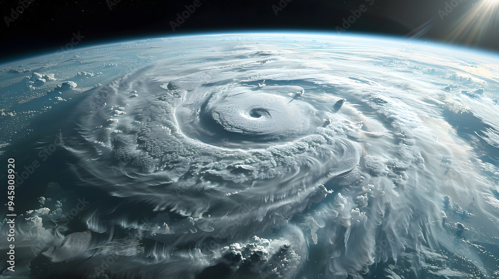 View from space from above on a hurricane tornado swirl of clouds and wind View from space from above on a hurricane tornado swirl of clouds and wind