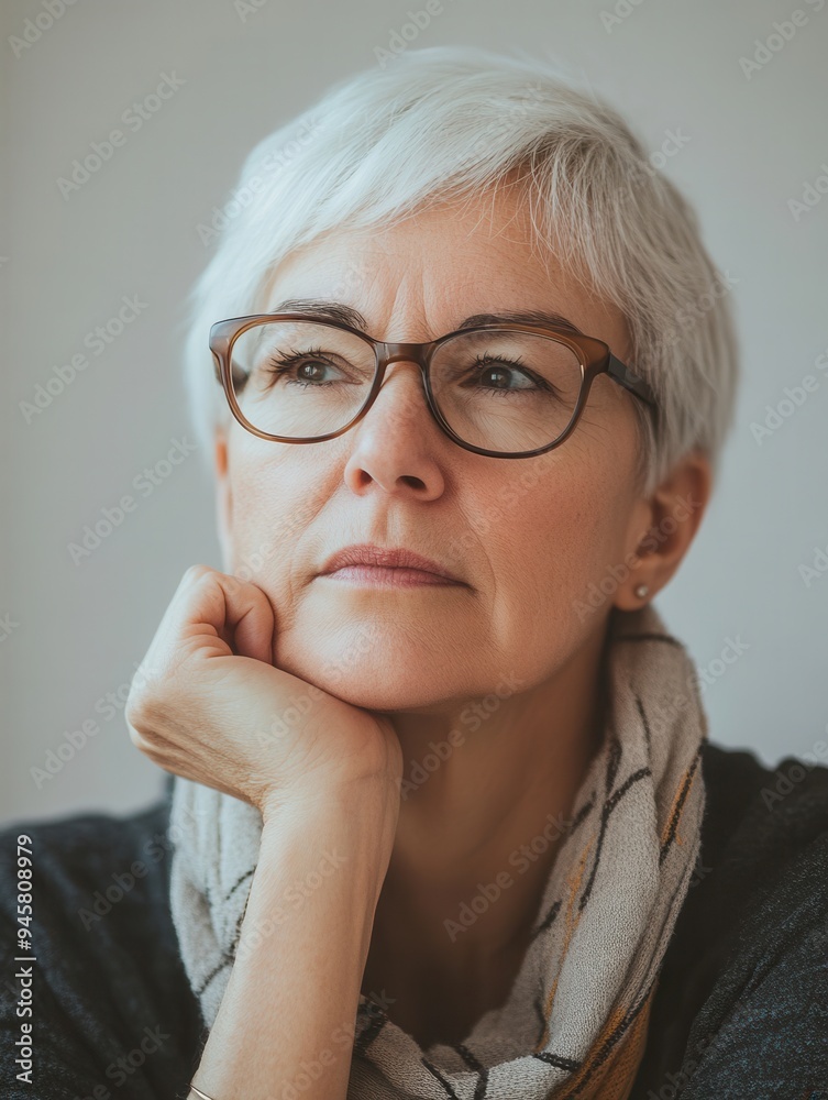 An elderly woman with glasses and short hair rests her chin on her hand, looking thoughtfully while sitting in a cozy indoor space during daylight. Generative AI An elderly woman with glasses and short hair rests her chin on her hand, looking thoughtfully while sitting in a cozy indoor space during daylight. Generative AI