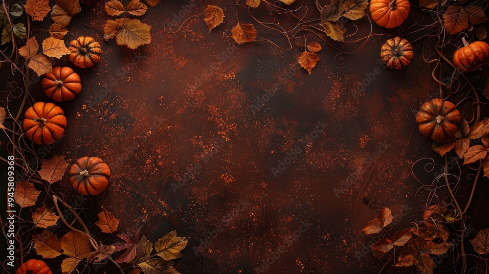 A rustic brown background with a border of tiny pumpkins and autumn leaves, symbolizing harvest, cozy autumn, natural beauty, rustic charm, and festive season. A rustic brown background with a border of tiny pumpkins and autumn leaves, symbolizing harvest, cozy autumn, natural beauty, rustic charm, and festive season.
