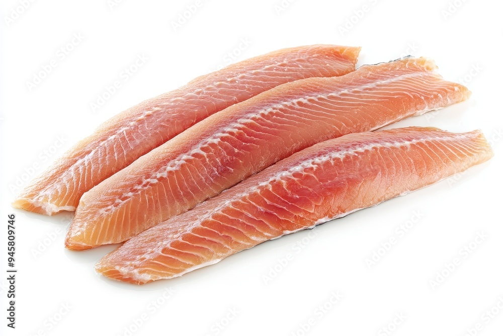 Three raw salmon fillets displayed on a white background. Three raw salmon fillets displayed on a white background.