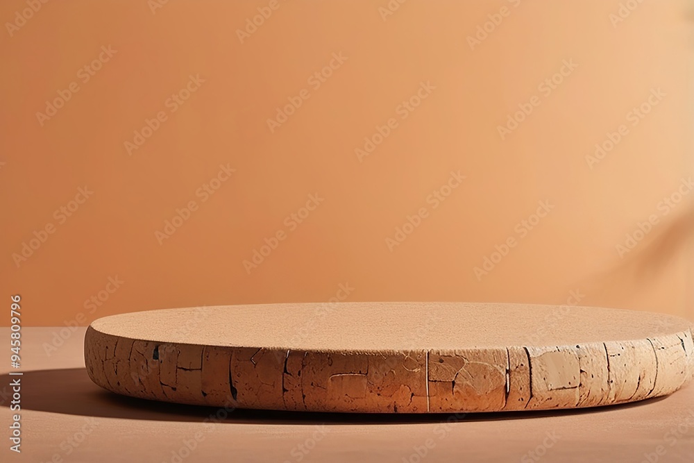Blank round thin podium wrapped in natural cork sits atop a smooth stone surface, with a soft sunset orange background. a cozy and inviting atmosphere. Made with generative AI technology Blank round thin podium wrapped in natural cork sits atop a smooth stone surface, with a soft sunset orange background. a cozy and inviting atmosphere. Made with generative AI technology