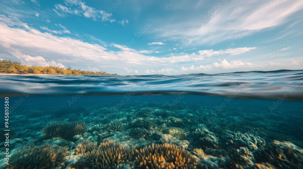 Calm underwater view with coral and clear sky over tranquil ocean waters at midday