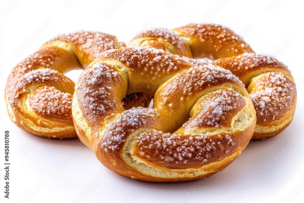 Three soft pretzels sprinkled with coarse salt on a white background. Three soft pretzels sprinkled with coarse salt on a white background.