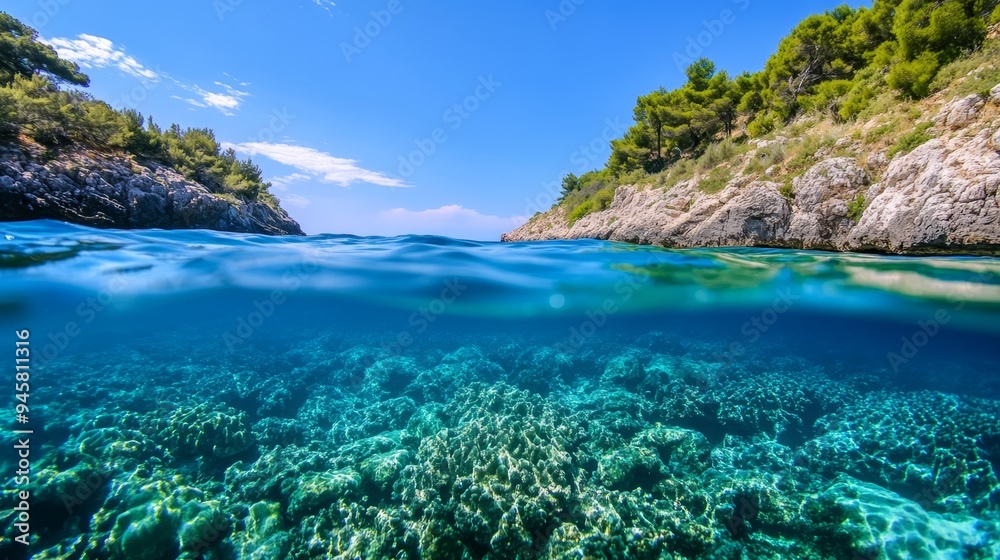 Breathtaking underwater view with clear sky and tranquil sea at a serene coastal location Breathtaking underwater view with clear sky and tranquil sea at a serene coastal location