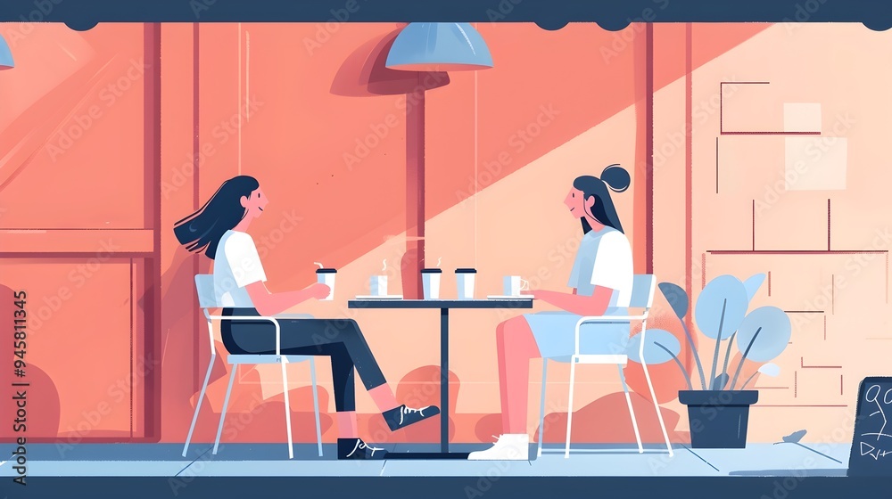 Friends Having Coffee Outdoors - Minimalistic Abstract Illustration of Social Interaction Friends Having Coffee Outdoors - Minimalistic Abstract Illustration of Social Interaction