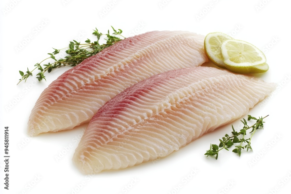 Two fish fillets with lemon slices and herbs on a white background.