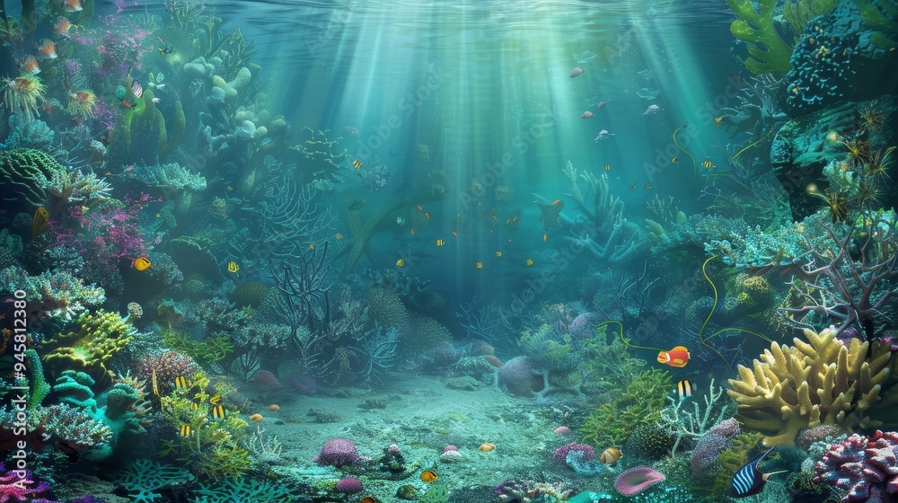 Fototapeta premium A serene underwater scene showcasing a vibrant coral reef teeming with marine life. Sunbeams pierce through the water, illuminating the colorful coral formations and playful fish. This image symbolize