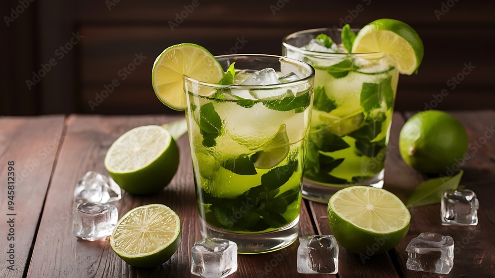 Alcohol mojito cocktails with lime and ice cubes on table Alcohol mojito cocktails with lime and ice cubes on table