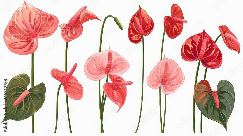 Obraz premium A set of pink and red anthurium flowers isolated on a white background. These vibrant flowers symbolize love, passion, hospitality, and abundance. They are perfect for adding a touch of tropical beaut