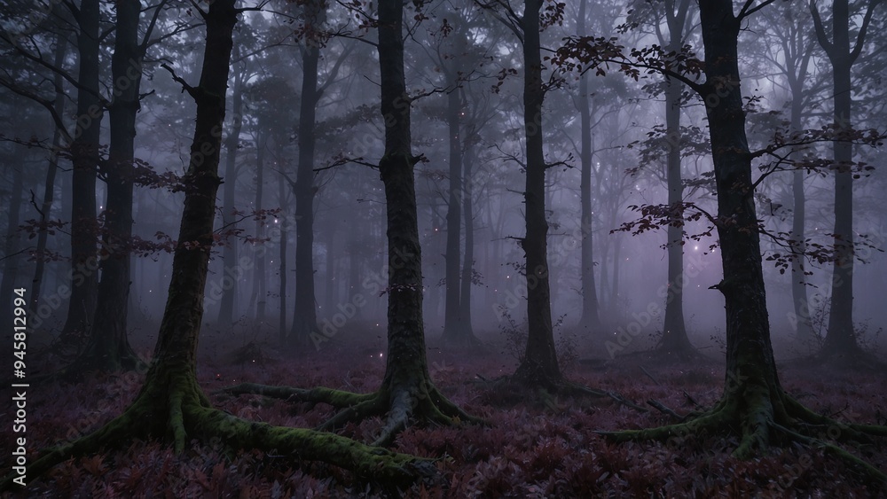 A fantasy forest surrounded by purple mist, with leaves emitting a faint glow in the fog. A fantasy forest surrounded by purple mist, with leaves emitting a faint glow in the fog.