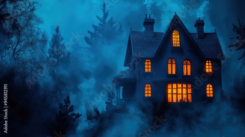 Mysterious spooky house illuminated in an eerie blue forest with fog and smoke surrounding it, creating a haunting atmosphere