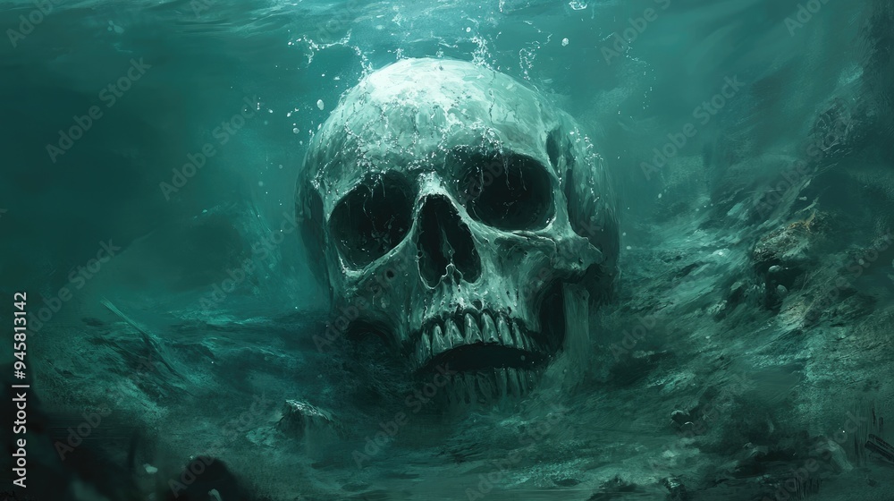 A Human Skull Submerged in Murky Green Water A Human Skull Submerged in Murky Green Water