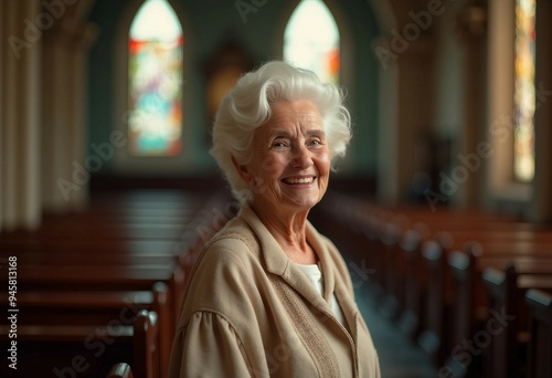 A sweet old lady in a softly lit church radiates kindness and serenity, dressed modestly with a warm smile. photo