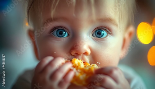 Baby Eating with Curious Expression Glowing Light from Bowl