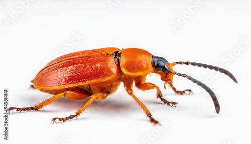 a beetle with a red face is shown on a white background.